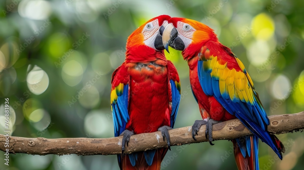 Scarlet macaw pair perched on branch, blurred background, ideal for text placement