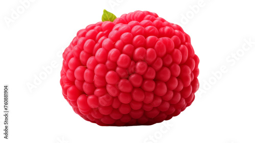 A vibrant raspberry with a fresh green leaf resting atop it