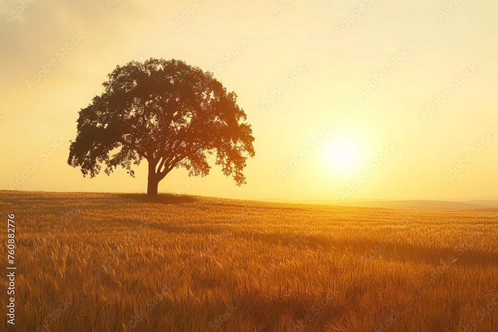 Golden hour landscape with a lone tree in a field Symbolizing peace Solitude And the beauty of nature.