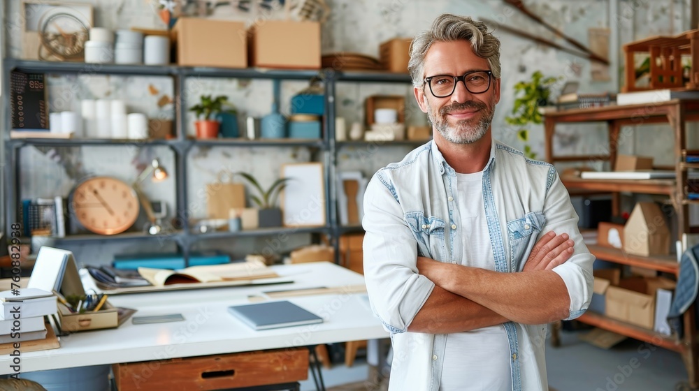 Senior businessman with arms crossed in white office, blurred background with copy space for text