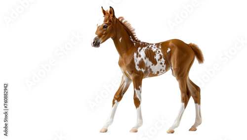 A beautiful skewbald colt on a white background, studio photo