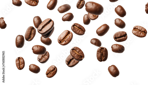 Floating coffee beans captured in mid-air, isolated on transparent background for design use