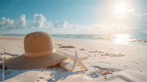 Summer Beach Essentials with Straw Hat and Starfish