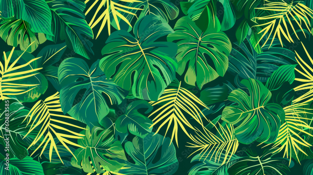 Lush green and yellow tropical leaves create a vibrant and dynamic background, showcasing the beauty of natures rich colors and textures. Banner. Copy space