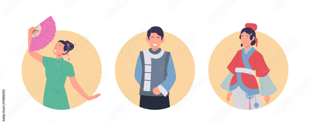 Young Chinese people cartoon characters wearing traditional costume isolated round composition set Young Chinese people cartoon characters wearing traditional costume isolated round composition set