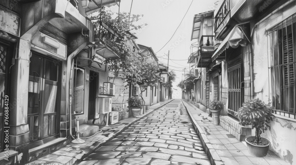 A detailed black and white drawing of a historic cobblestone street, with distinct shadows cast by old-fashioned gas lamps and a vintage horse-drawn carriage. Banner. Copy space