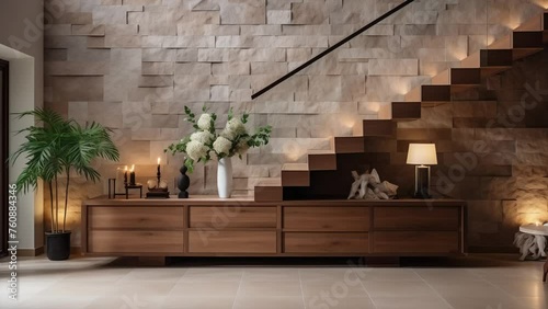 Mur en pierre dans un couloir spacieux avec escalier. Design d'intérieur minimaliste de luxe avec entrée moderne dans une villa. photo