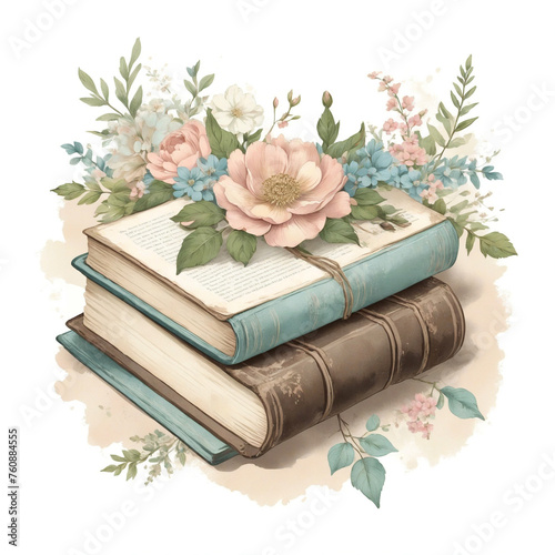 Hand drawn illustration - a stack of books and flowers in gentle colors. Watercolor illustration for greeting card, flyers, magazines, websites