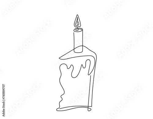 Continuous one line drawing of Easter Kulich cake with  lit candle. Slice of Birthday cupcake. Isolated on white. Design element for print, greeting, coloring book, scrapbooking, invitation