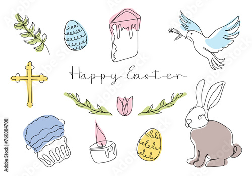 Easter Set in continuous one line style with design elements like bunny, eggs, dove, candle, cross, Easter cake, flower. Colored vector on white. Clipart. Easter card with Happy Easter greeting. Print