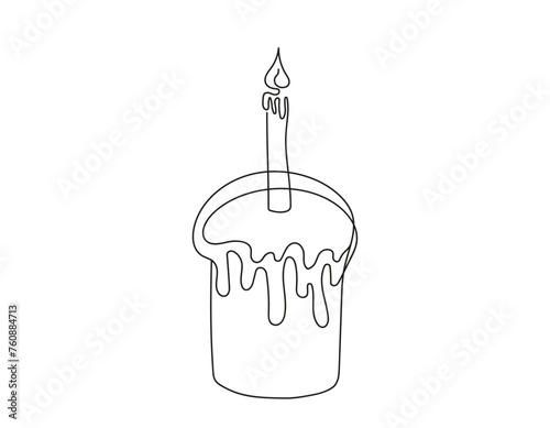 Continuous one line drawing of Easter Kulich cake with a lit candle. Traditional Easter cupcake. Birthday cake. Vector isolated on white backdrop. Design element for print, greeting, invitation