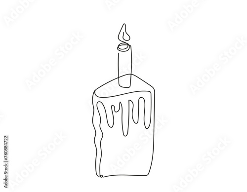 Continuous one line drawing of Easter Kulich cake with single lit candle. Slice of Birthday cupcake. Vector isolated on white. Design element for print, greeting, scrapbooking, invitation