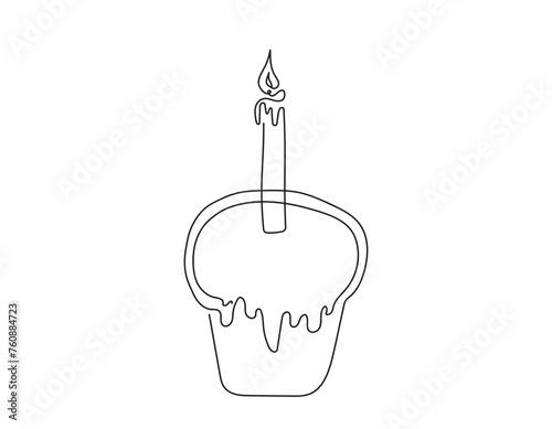 Continuous one line drawing of Easter Kulich cake with a lit candle. Traditional Easter cupcake. Birthday cake. Vector isolated on white backdrop Design element for print, greeting, scrapbooking.