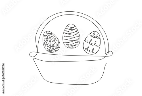 Wicker basket with Easter eggs. Continuous one line drawing. Black vector isolated on white background. Festive decoration. For Easter promotions, greeting cards, holiday invitations