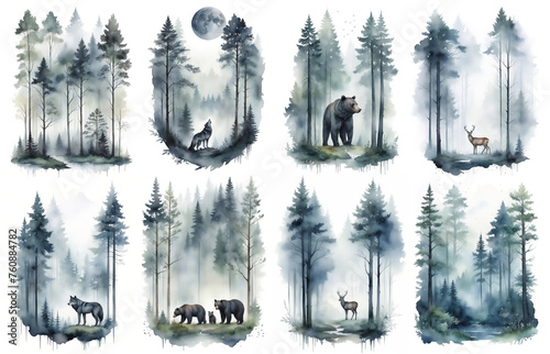 Forest foggy landscape watercolor illustration. Nature scenery with fir trees and forest animals. Watercolor illustration isolated on white background set