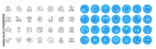 Search puzzle, World globe and Lake line icons pack. Honeymoon travel, Journey, Delivery discount web icon. Baggage, Love music, No puzzle pictogram. Kiss me, Hold heart, Locks. Vector