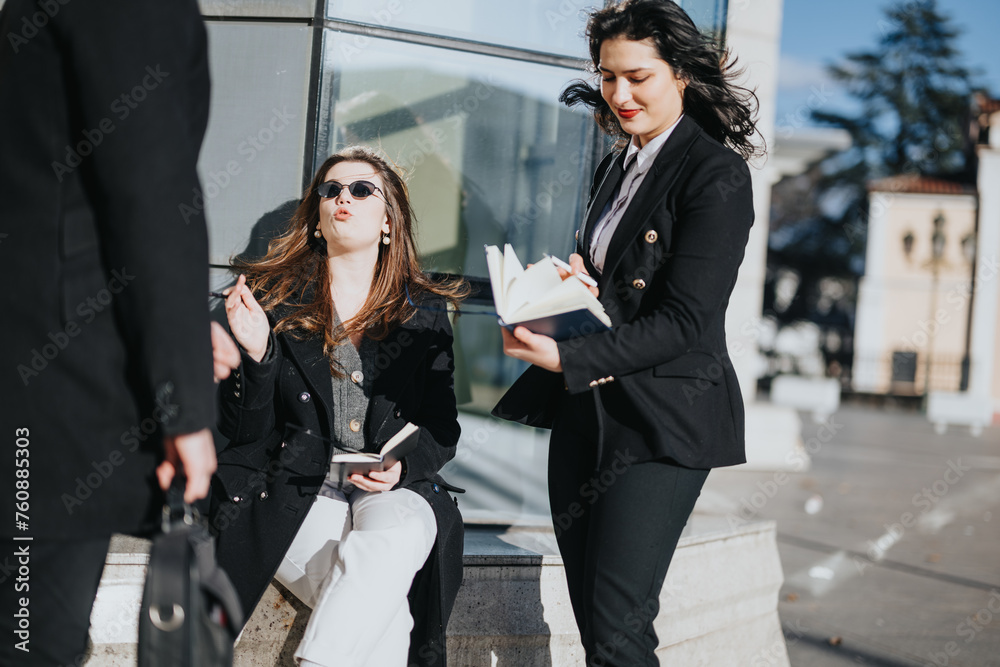 Two young businesswomen engaging in a collaborative discussion outdoors, reflecting the energy and determination of modern urban entrepreneurship.