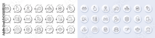 Eye detect, Like and Bell alert line icons. White pin 3d buttons, chat bubbles icons. Pack of Stress, Food app, Chess icon. Hand click, Video conference, Cursor pictogram. Vector