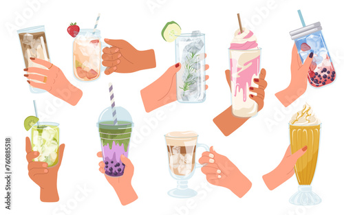 Human hands holding cold drinks refreshing liquors in glass and plastic cups with straw set