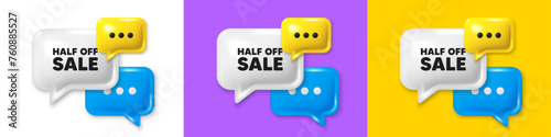 Chat speech bubble 3d icons. Half off sale. Special offer price sign. Advertising discounts symbol. Half off sale chat text box. Speech bubble banner. Offer box balloon. Vector