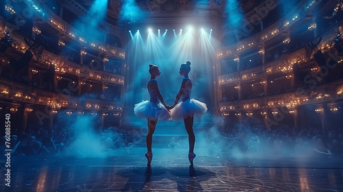 Ballet dancers bowing during choreography rehearsal on classic theater stage illuminated by spotlight. Women prepare theatrical dance performance. Art of classical ballet dance