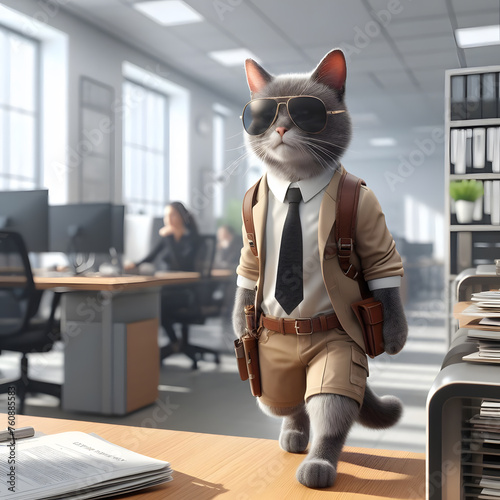 Created using artificial intelligence, this male and attractive detective cat stands confidently in an office wearing a suit