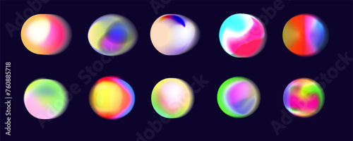 Set of vector illustration featuring an abstract radial gradient blur in shades of purple,green and  blue.Vibrant set of aura glow rounds with a soft  dot neon element.Color holographic round shapes.W