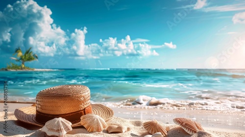 Summer Getaway: Beach Scene with Straw Hat. Generative ai