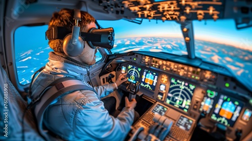 Virtual reality flight simulator  man in vr glasses controls aircraft in aviation school exam. photo
