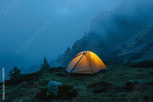 Overnight in the mountains, in bad weather, tourist tent in the mountains in bad foggy weather