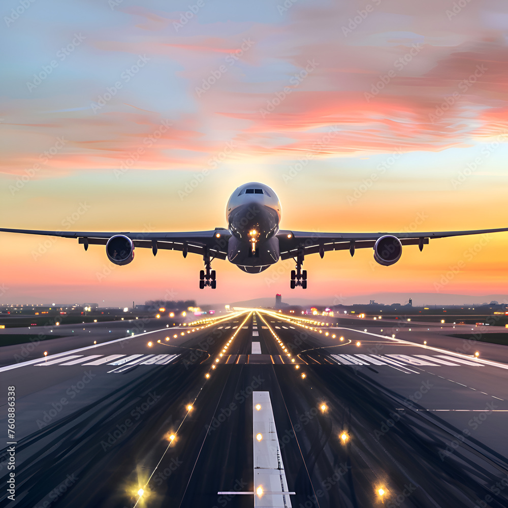 Silhoutte of airplane landing or taking off at sunset Silhoutte of airplane landing or taking off at sunset