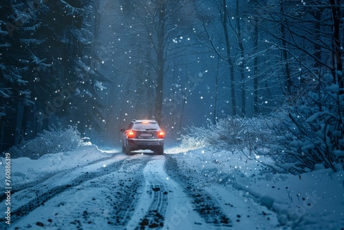 The car drives through a dark snowy forest at night. A snowstorm got in the way. Slippery snowy road
