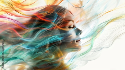 Woman with artistic streak of flowing colors in profile. Paintbrush-like hair effect on side profile of woman. Colorful digital brush strokes as hair on woman's silhouette.