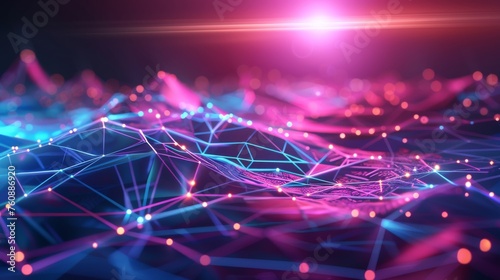Digital connectivity concept with network of lines and dots. Vibrant pink and blue data stream visualization. Abstract network connections with futuristic flair.