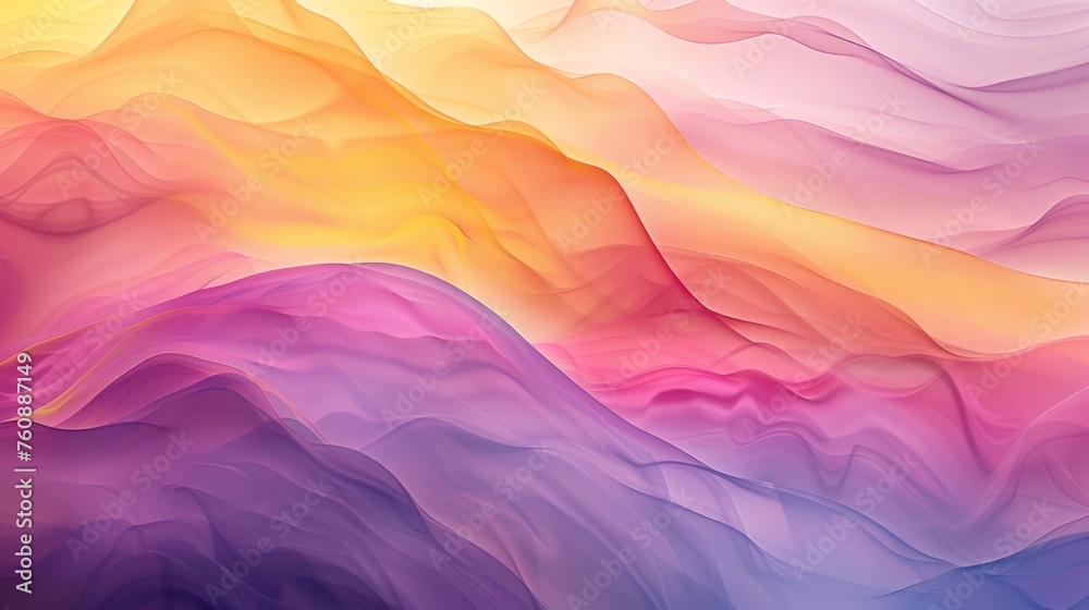 Artistic abstraction of pastel-toned flowing fabric. Smooth wavy textures in soft orange, pink, and purple. Visual symphony of pastel fabric waves in a gentle flow.