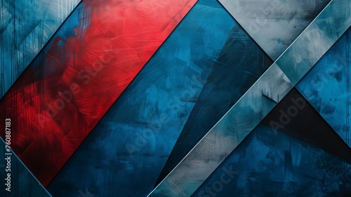 Textured geometric shapes in contrasting red and blue for modern design. Layered red and blue geometric pattern for dimensional effect. Artistic geometric abstraction in shades of red and blue. photo