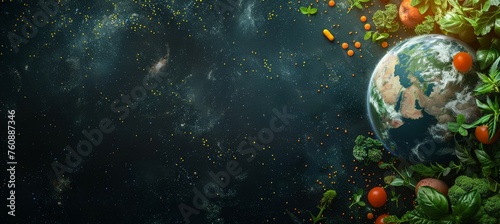 Planet Earth on dark textured blank background surrounded by healthy fruits, berries . Eco concept. For banners, posters, maps, wallpapers, backgrounds. With space for text.