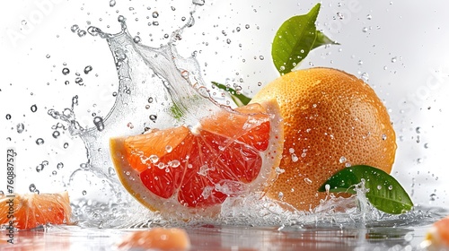 grapefruit with juice on white background.water splash generative ai 