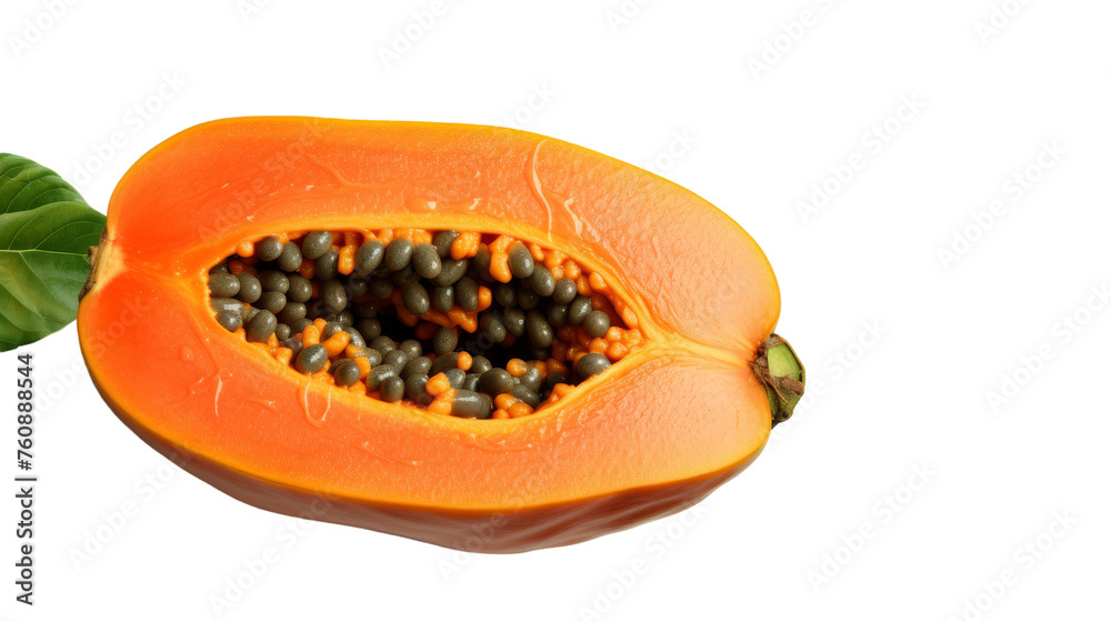 A vibrant papaya cut in half, showcasing its juicy orange flesh and black seeds, set against a clean white background