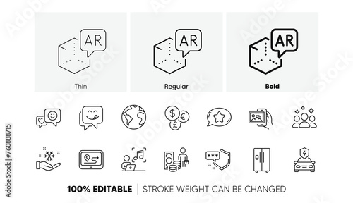 Gps, Money profit and Augmented reality line icons. Pack of Squad, Shield, Refrigerator icon. Car charging, Music, Yummy smile pictogram. Favorite chat, World planet, Image album. Line icons. Vector