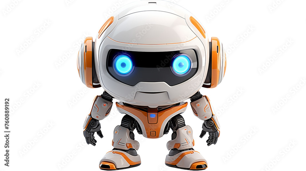 A robot with glowing blue eyes stands confidently against a stark white background A robot with glowing blue eyes stands confidently against a stark white background