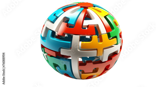 A colorful puzzle ball resting on a white background, showcasing its intricate design and vibrant hues