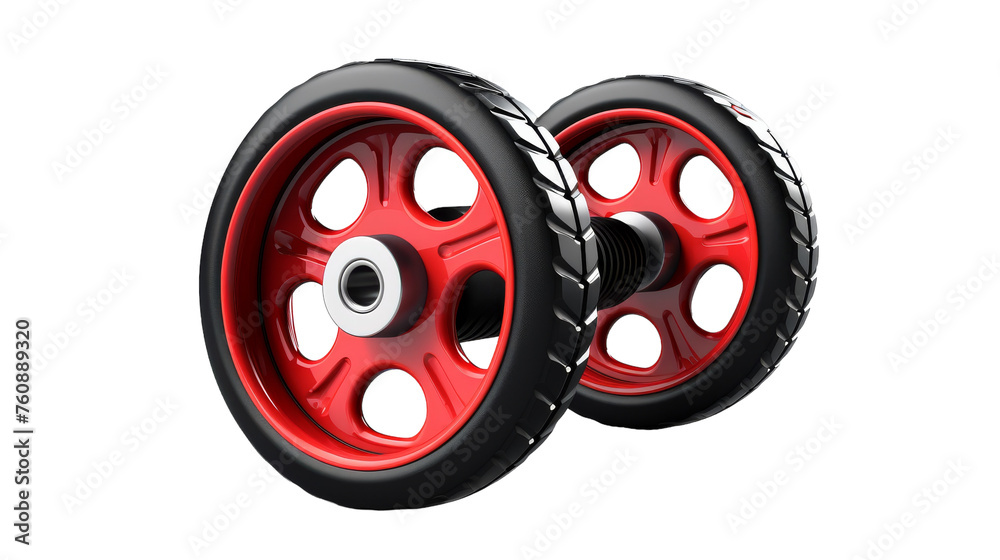 Two vibrant red wheels with black spokes stand gracefully on a stark white canvas, exuding a sense of motion and elegance Two vibrant red wheels with black spokes stand gracefully on a stark white canvas, exuding a sense of motion and elegance