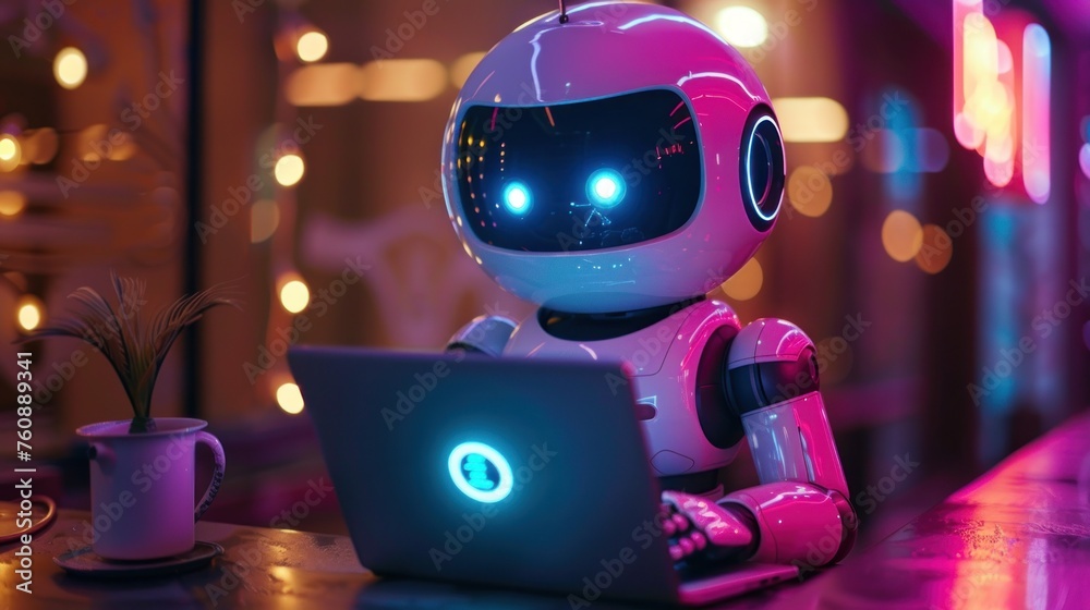 a cute robot works behind a laptop