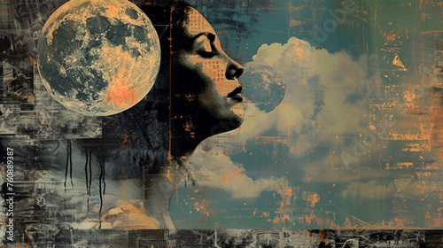 A mesmerizing painting of a womans face gazing at the moon in the background, capturing a moment of contemplation and connection with nature. Banner. Copy space
