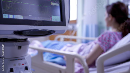 Life support system, patient data monitor on hospital background, patient in intensive care ward