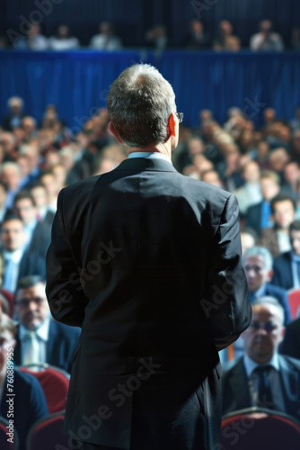 A man stands confidently in front of a large crowd of diverse people, giving a speech or presentation