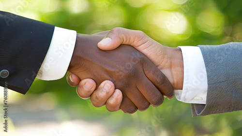 A close-up view of two individuals engaging in a handshake, symbolizing agreement, partnership, or greeting