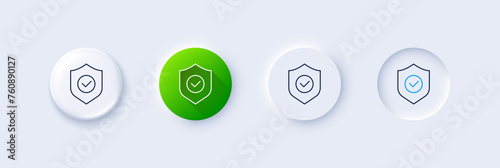 Security shield line icon. Neumorphic, Green gradient, 3d pin buttons. Cyber defence sign. Private protection symbol. Line icons. Neumorphic buttons with outline signs. Vector