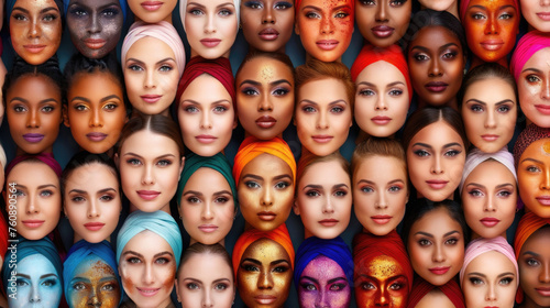 Various women with distinct skin tones and facial features standing together in a group